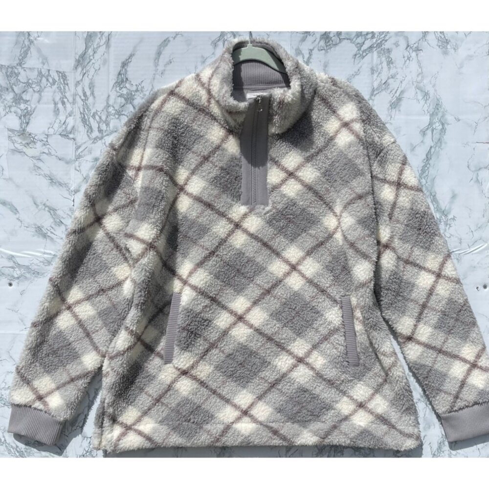 Maurices Womens XL Plaid Fleece Pullover Sweater Gray White Polyester QuarterZip